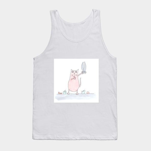 Cat is holding scissors. Hair stylist. Hairstyle. Watercolor illustration humorous. Humor, fun design modern Tank Top by grafinya